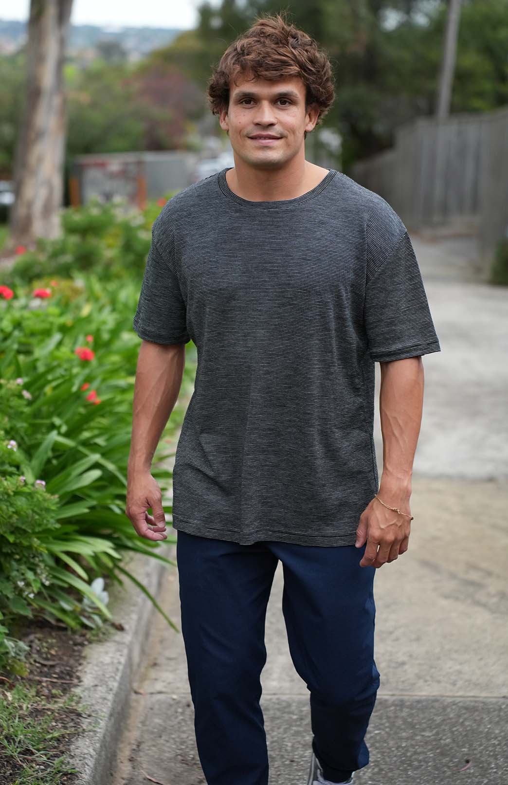 Black Pinstripe Men's "Big &amp; Tall" Loose Fit Crew Neck T-Shirt (Fits 2XL-5XL)