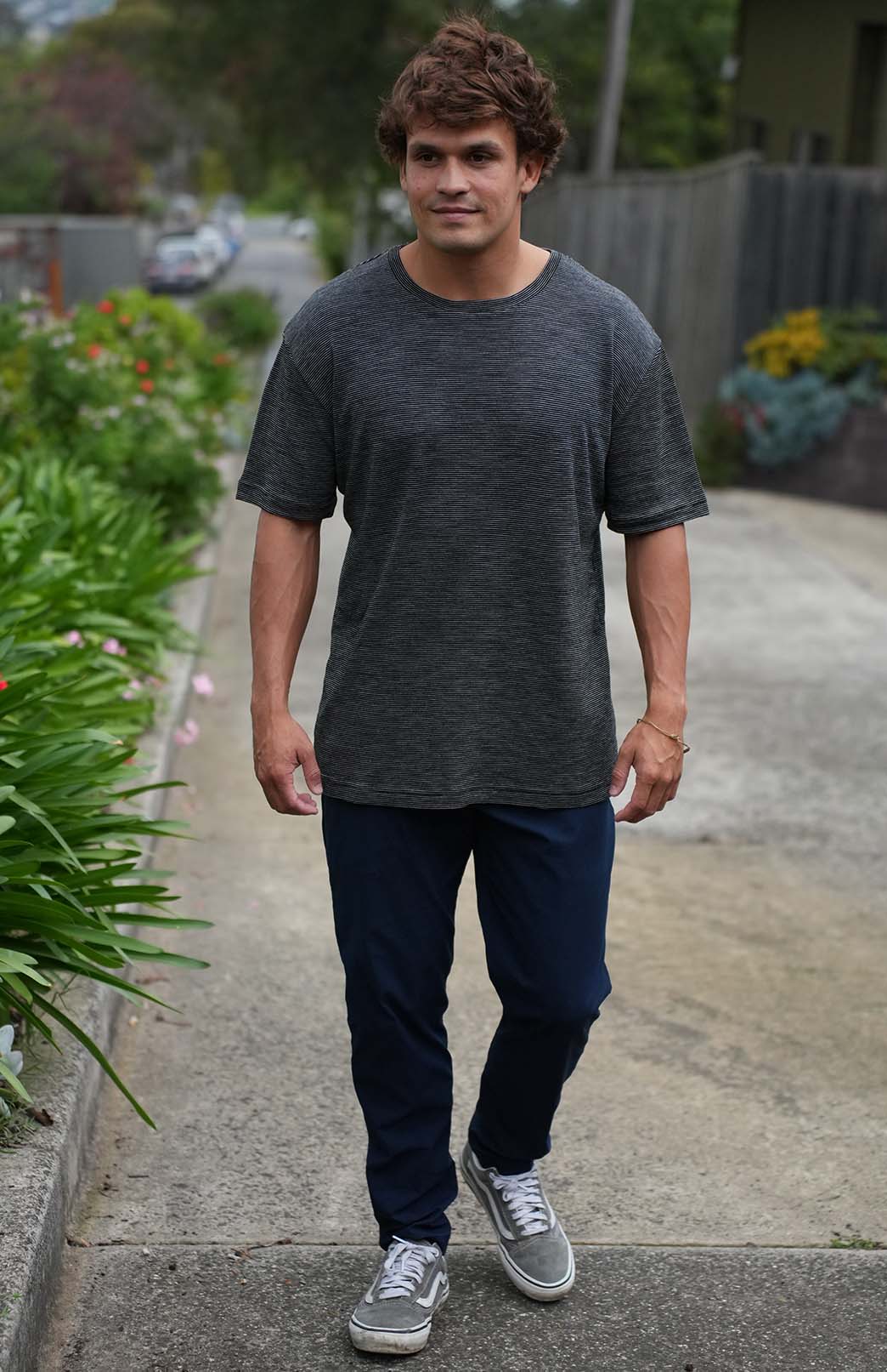 Black Pinstripe Men's "Big &amp; Tall" Loose Fit Crew Neck T-Shirt (Fits 2XL-5XL)