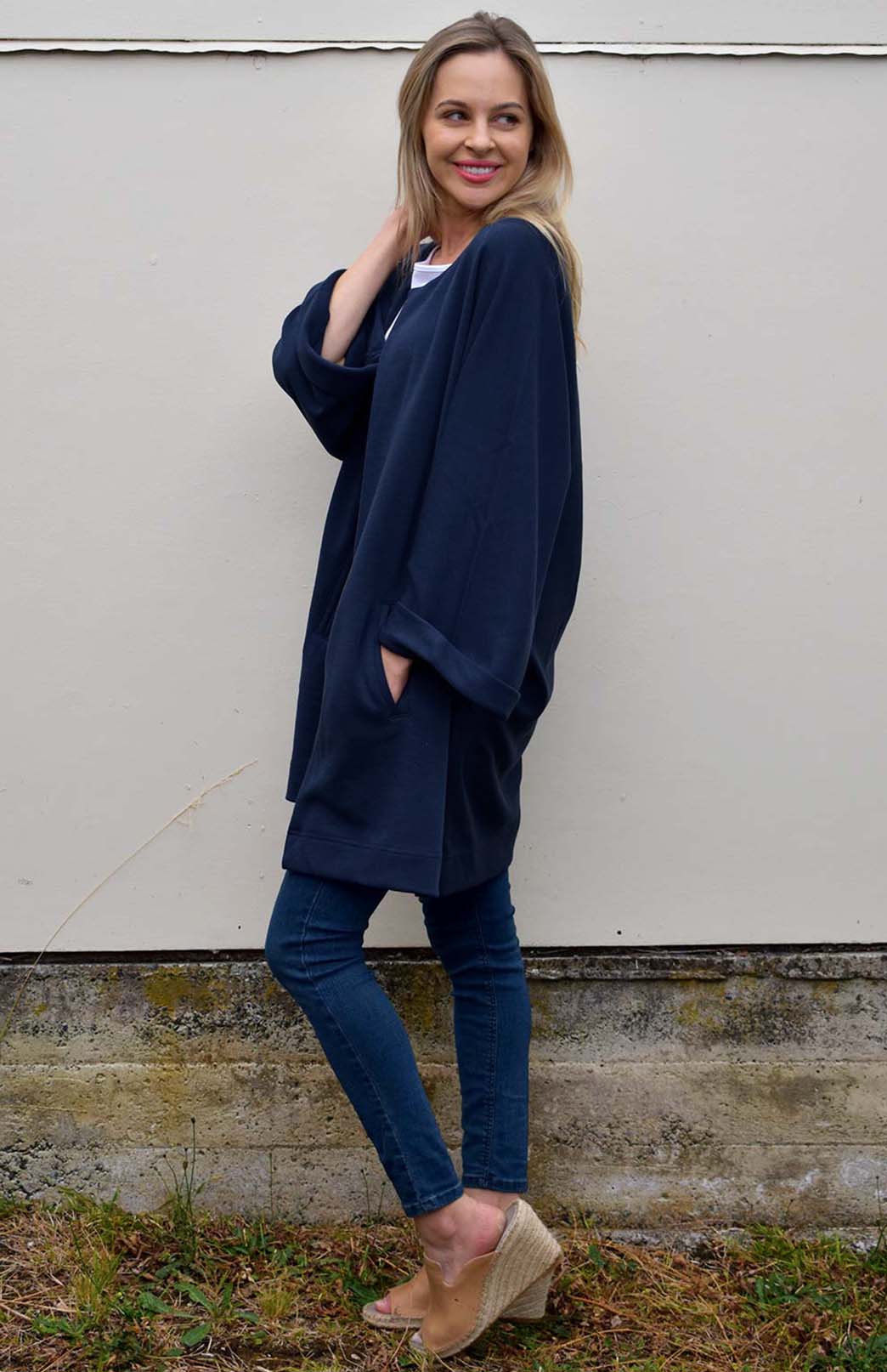French Navy Blue Women's Kimono Style Merino Wool Coat