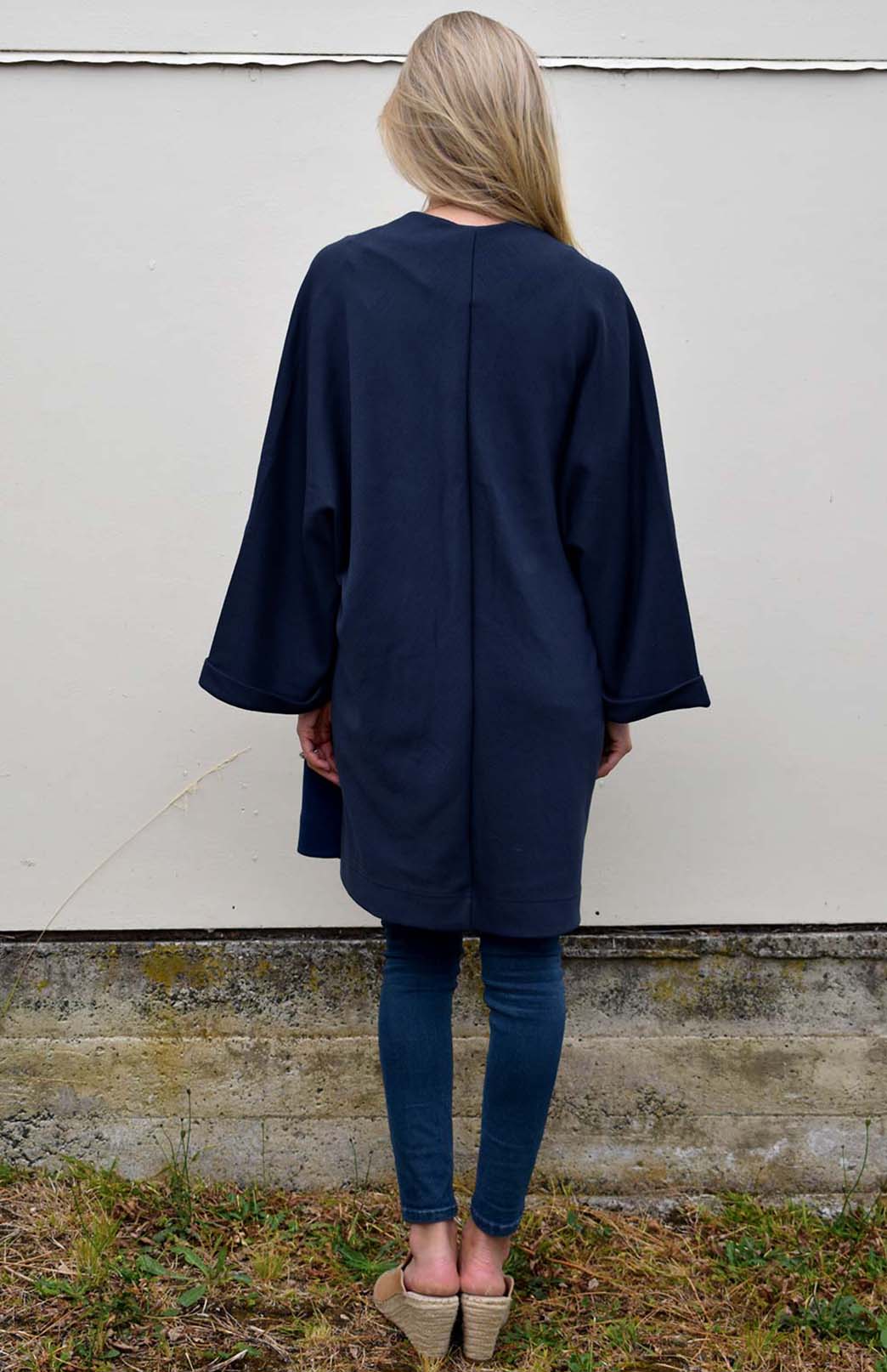 French Navy Blue Women's Kimono Style Merino Wool Coat