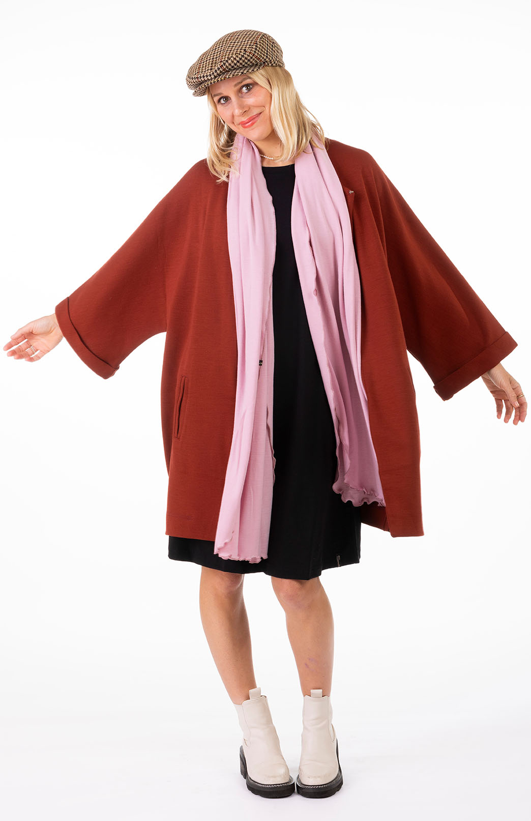 Our model wearing Women's Merino Wool Kimono Coat