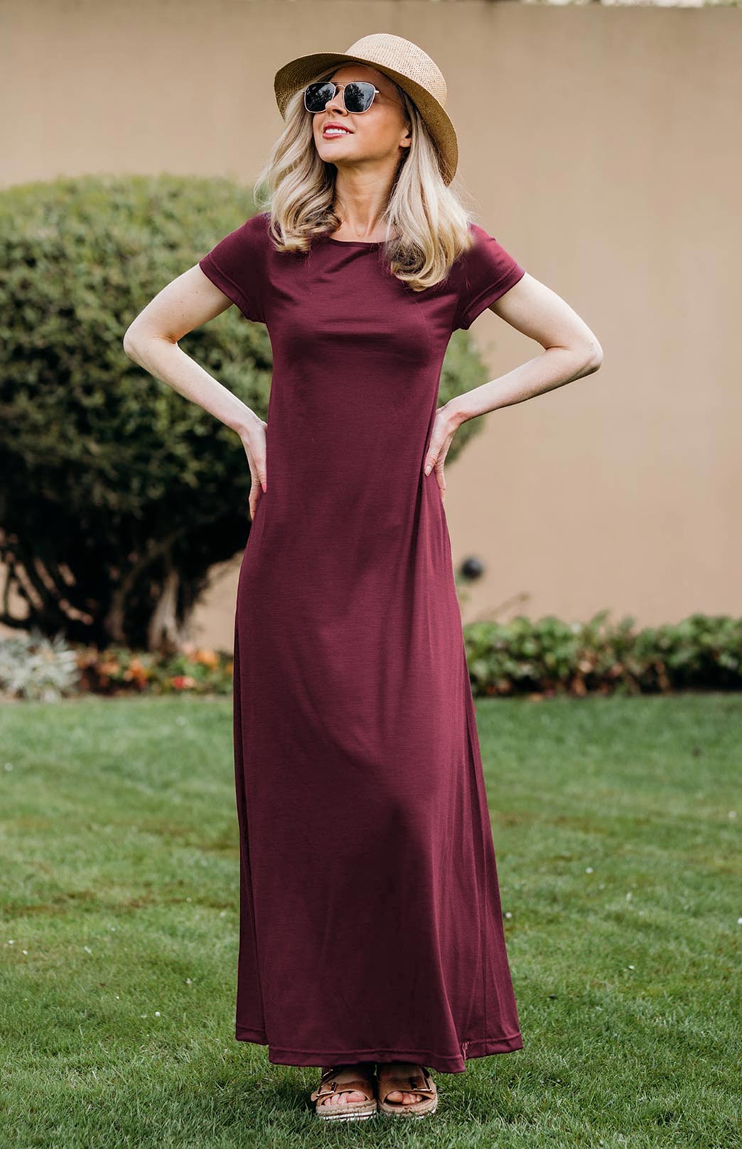 Burgundy Red Women&#39;s Merino Wool Maxi Dress with Side Split

