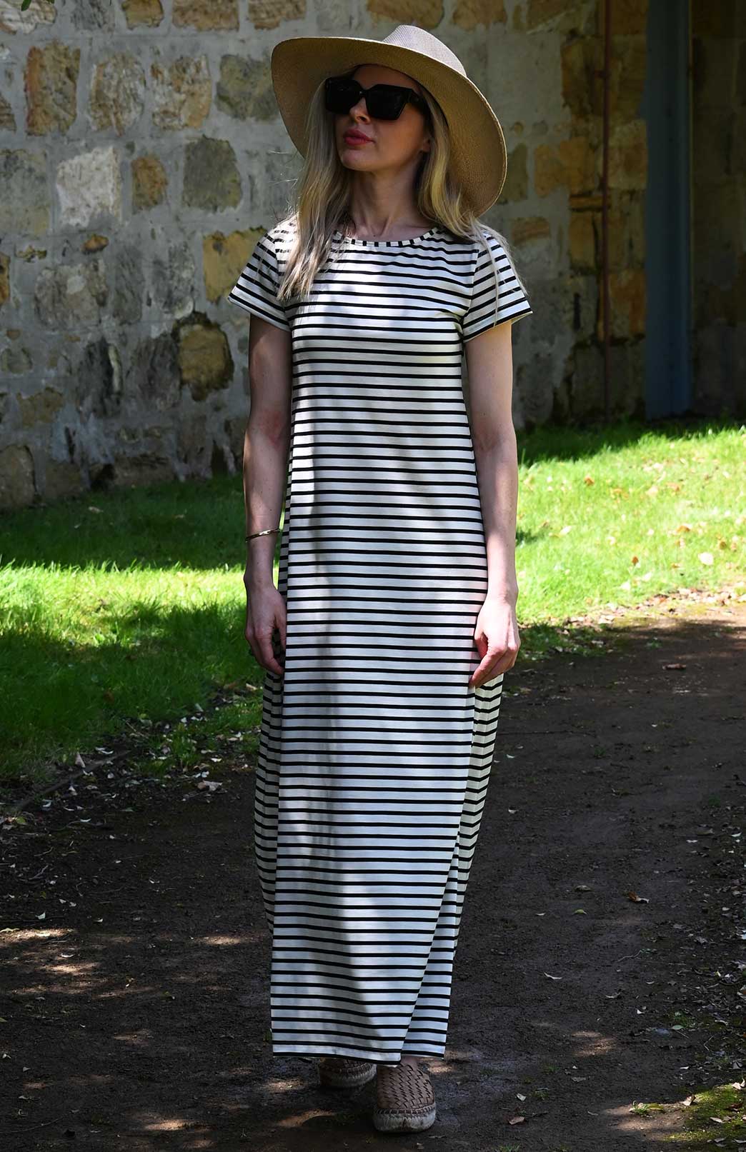 Navy Blue & Cream French Stripe Women's Merino Wool Maxi Dress with Side Split
