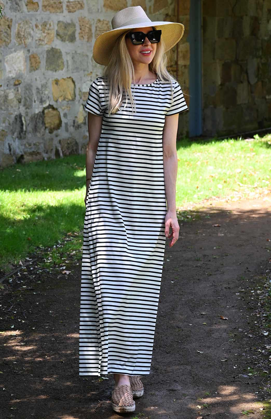 Cream & Black French Stripe Women&#39;s Merino Wool Maxi Dress with Side Split
