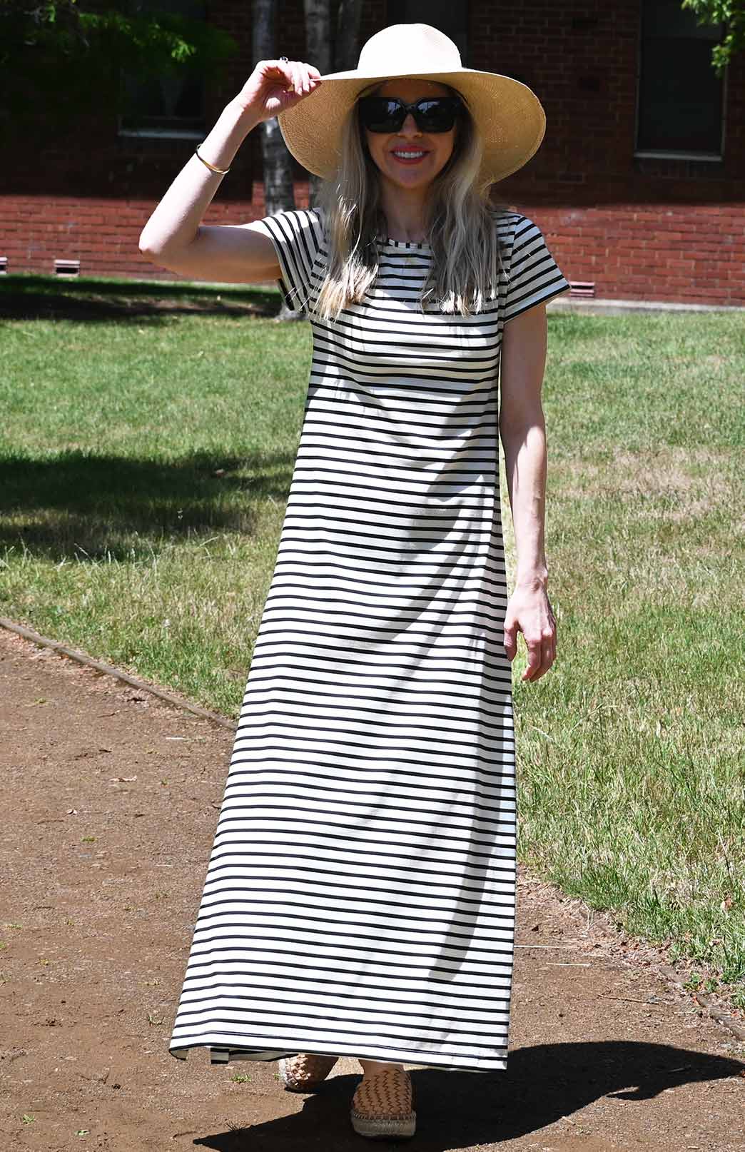 Cream & Black French Stripe Women's Merino Wool Maxi Dress with Side Split