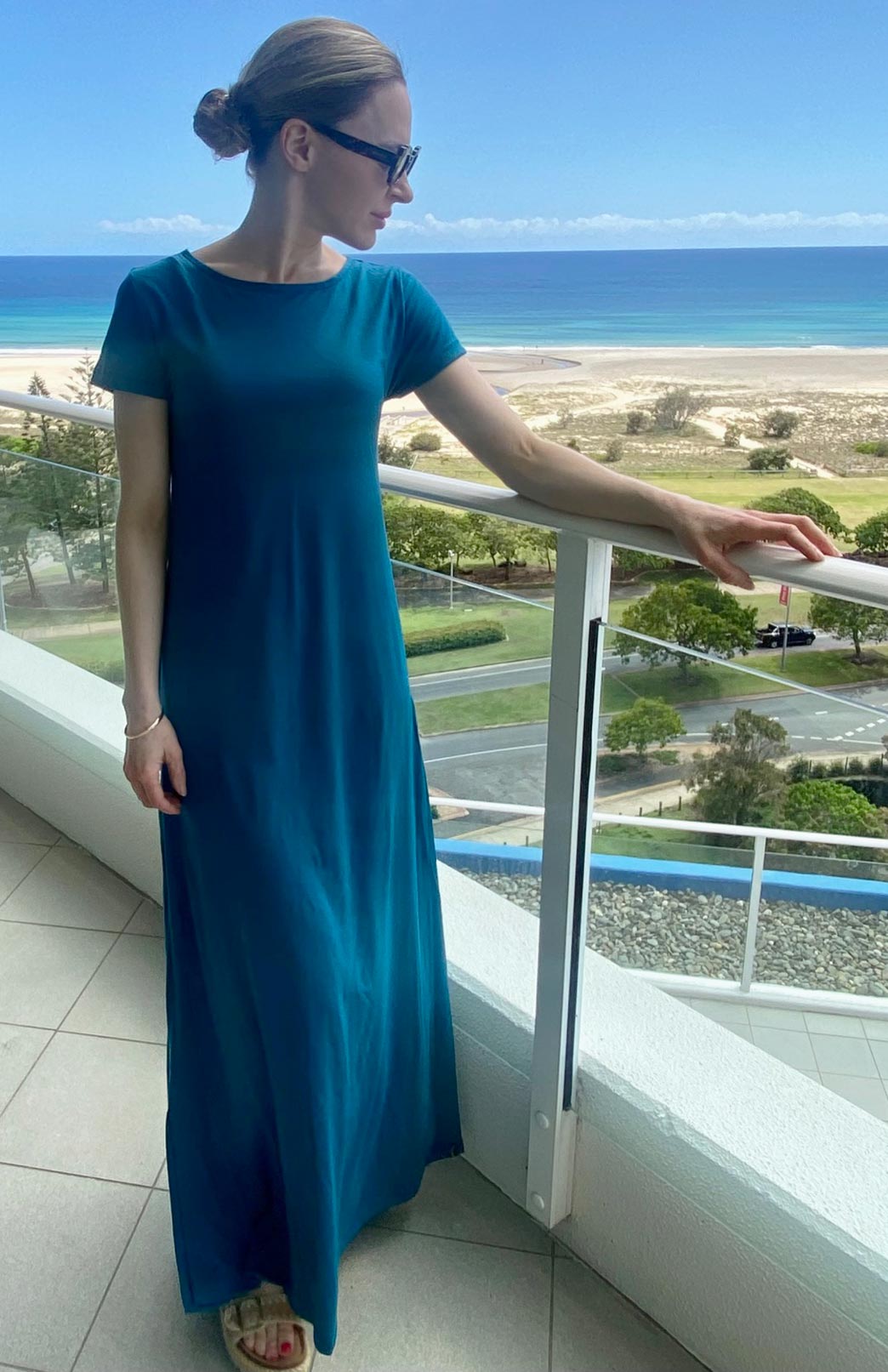 Teal Women&#39;s Merino Wool Maxi Dress with Side Split
