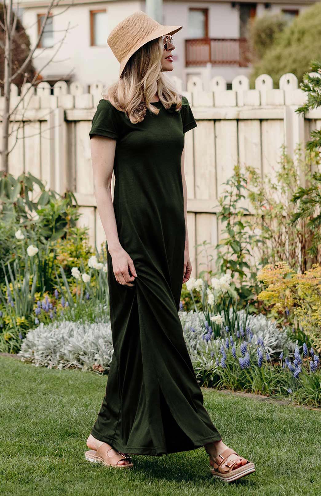 Kale Green Women's Merino Wool Maxi Dress with Side Split