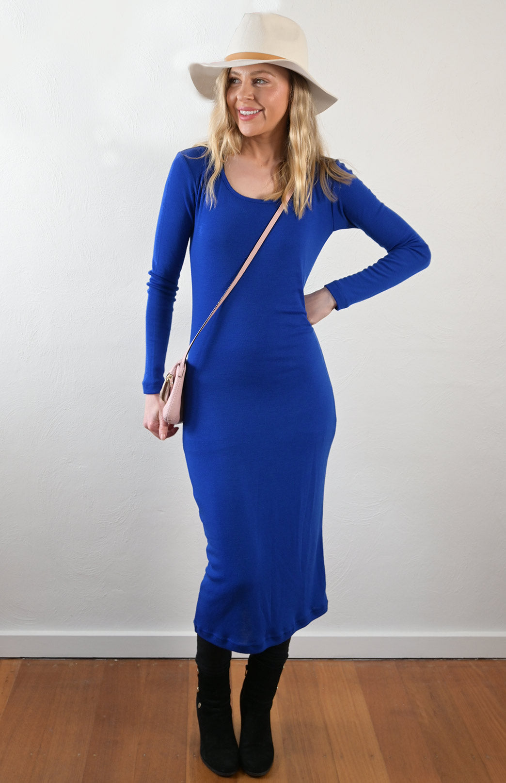 Sapphire Blue Women&#39;s Merino Wool Midi Length Dress with Long Sleeves
