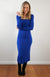 Sapphire Blue Women&#39;s Merino Wool Midi Length Dress with Long Sleeves
