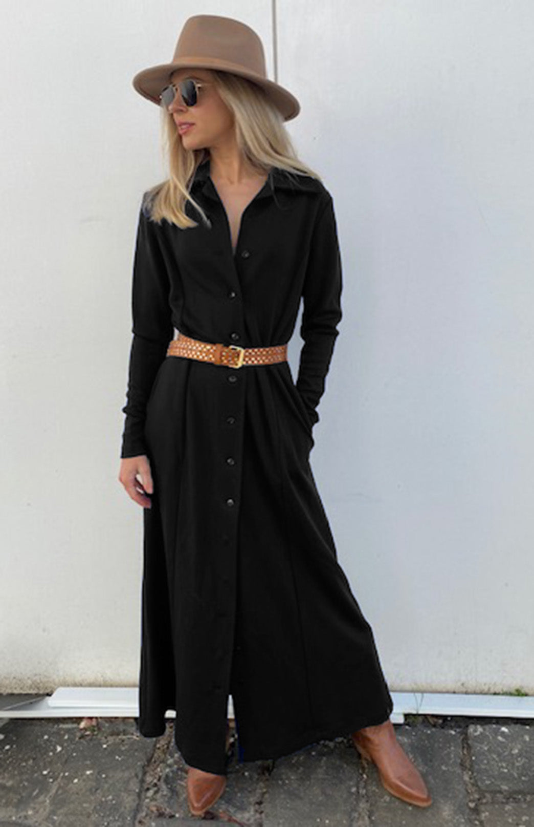 Black Women's Long Sleeve Merino Wool Maxi Shirt Dress