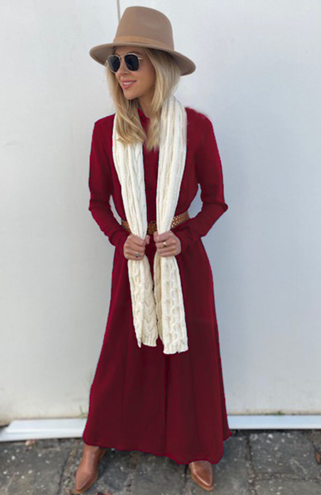Chilli Red Women's Long Sleeve Merino Wool Maxi Shirt Dress