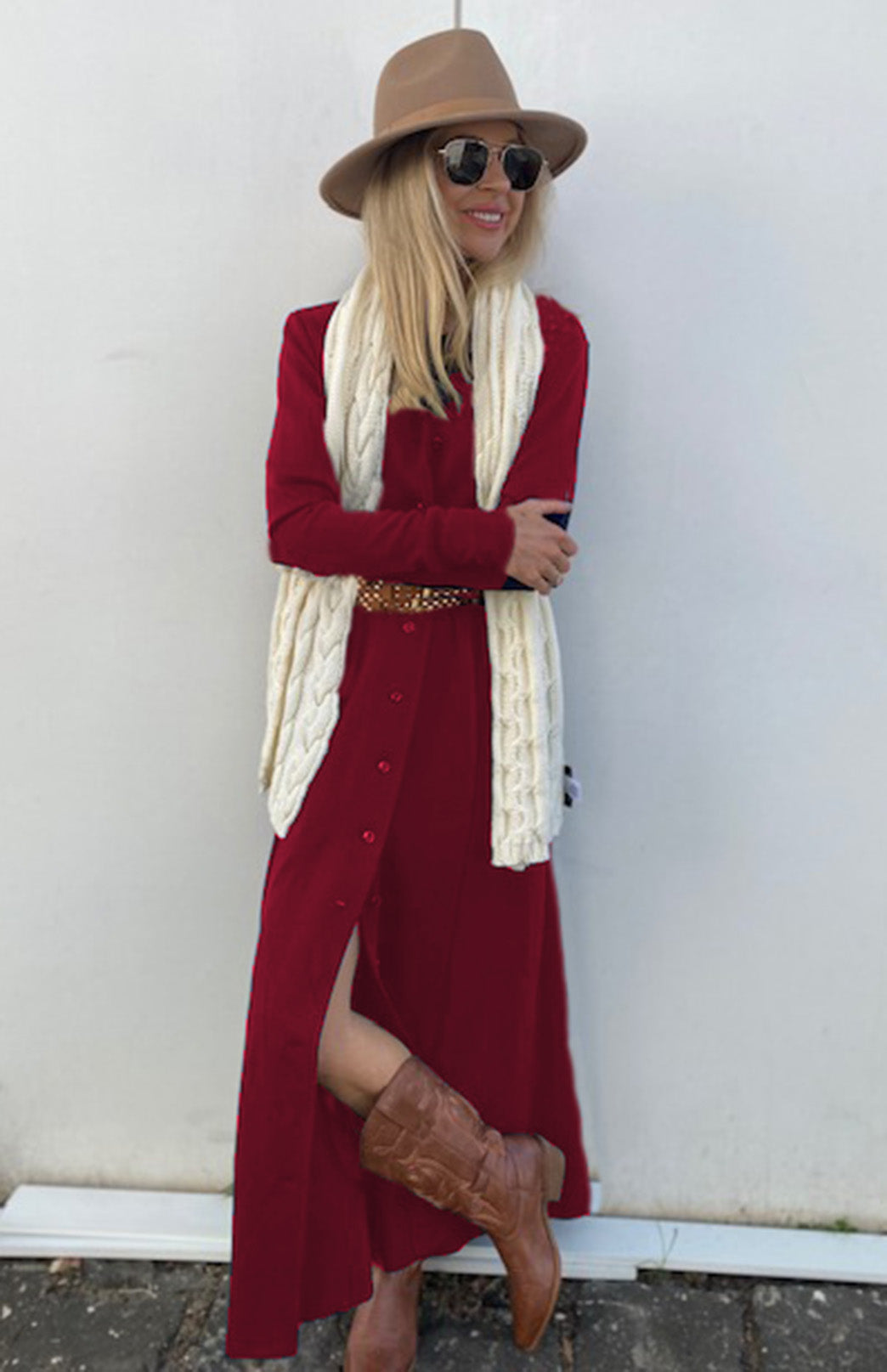Chilli Red Women's Long Sleeve Merino Wool Maxi Shirt Dress
