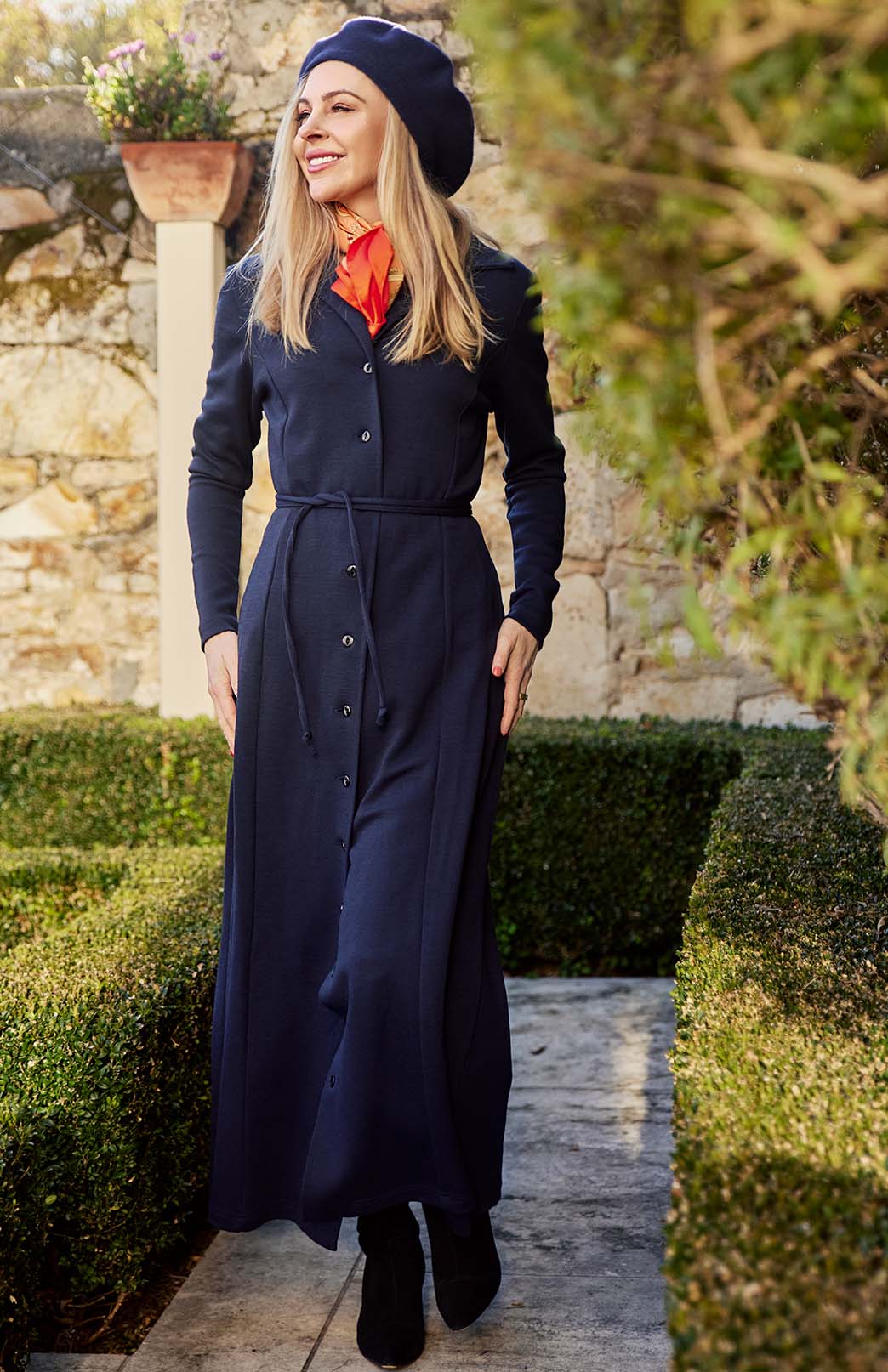 Navy Blue Women's Long Sleeve Merino Wool Maxi Shirt Dress