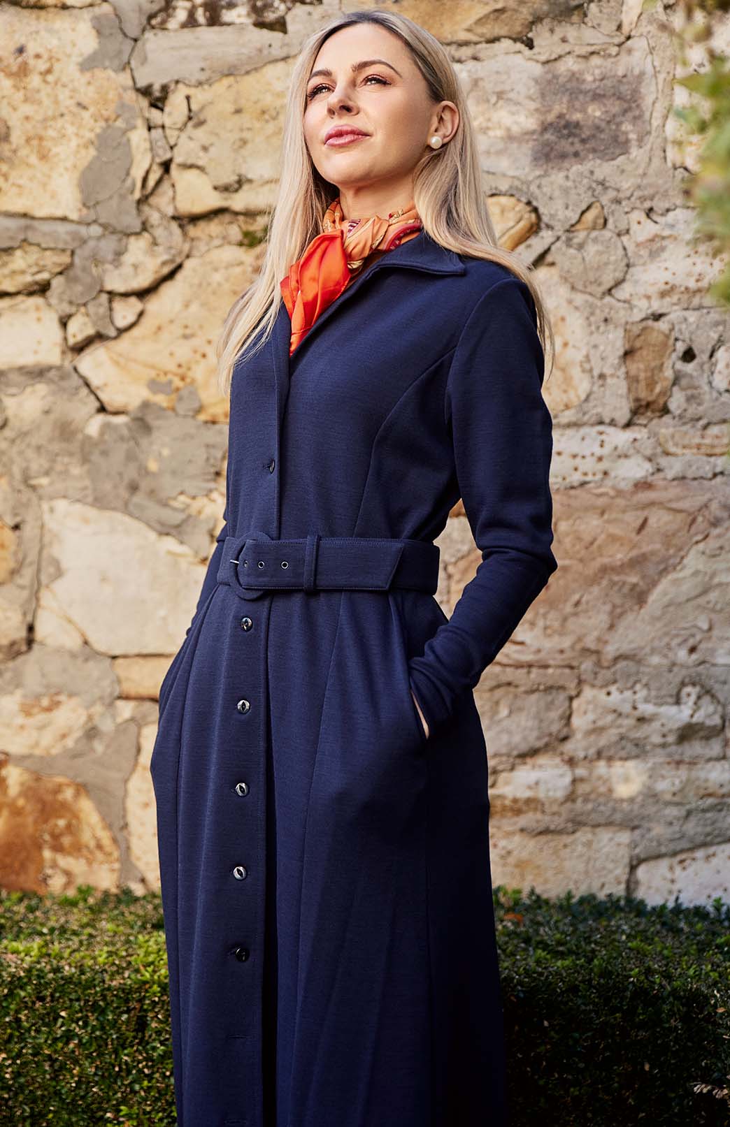 Navy Blue Women's Long Sleeve Merino Wool Maxi Shirt Dress