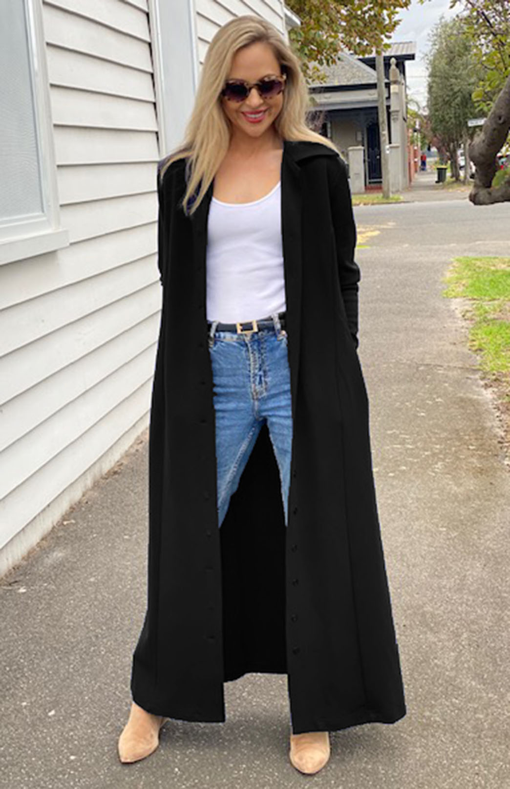 Black Women's Long Sleeve Merino Wool Maxi Shirt Dress