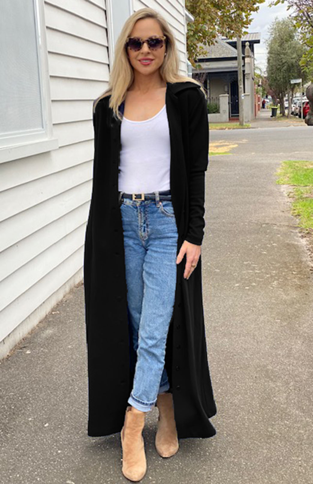 Black Women's Long Sleeve Merino Wool Maxi Shirt Dress