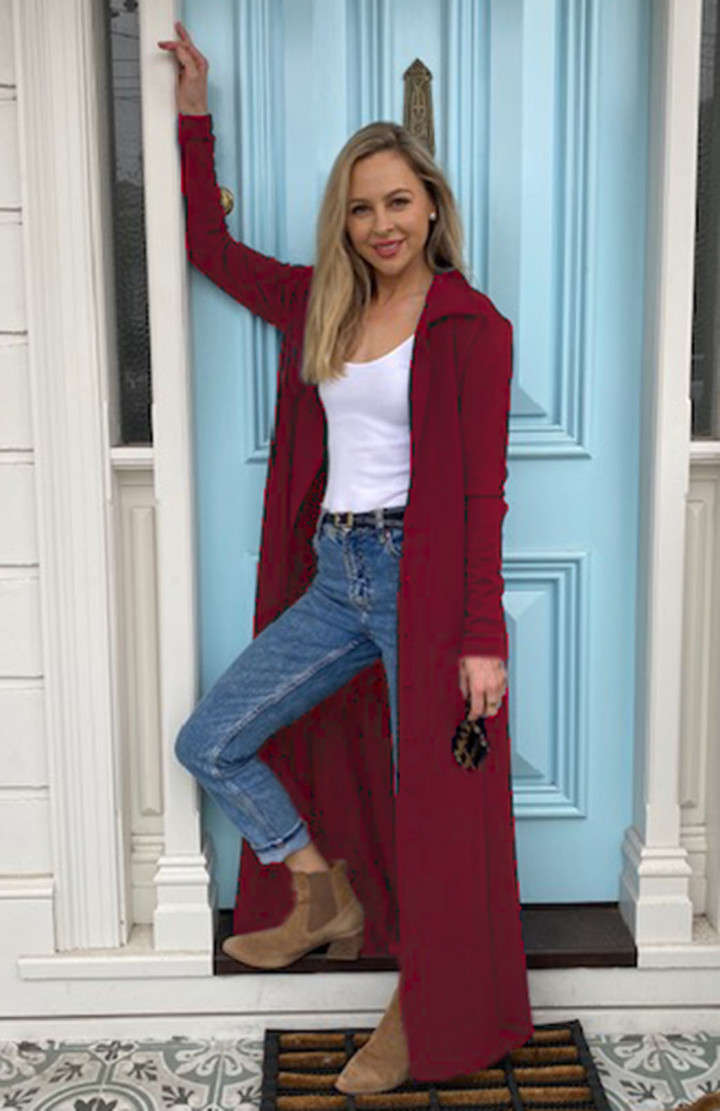 Chilli Red Women's Long Sleeve Merino Wool Maxi Shirt Dress