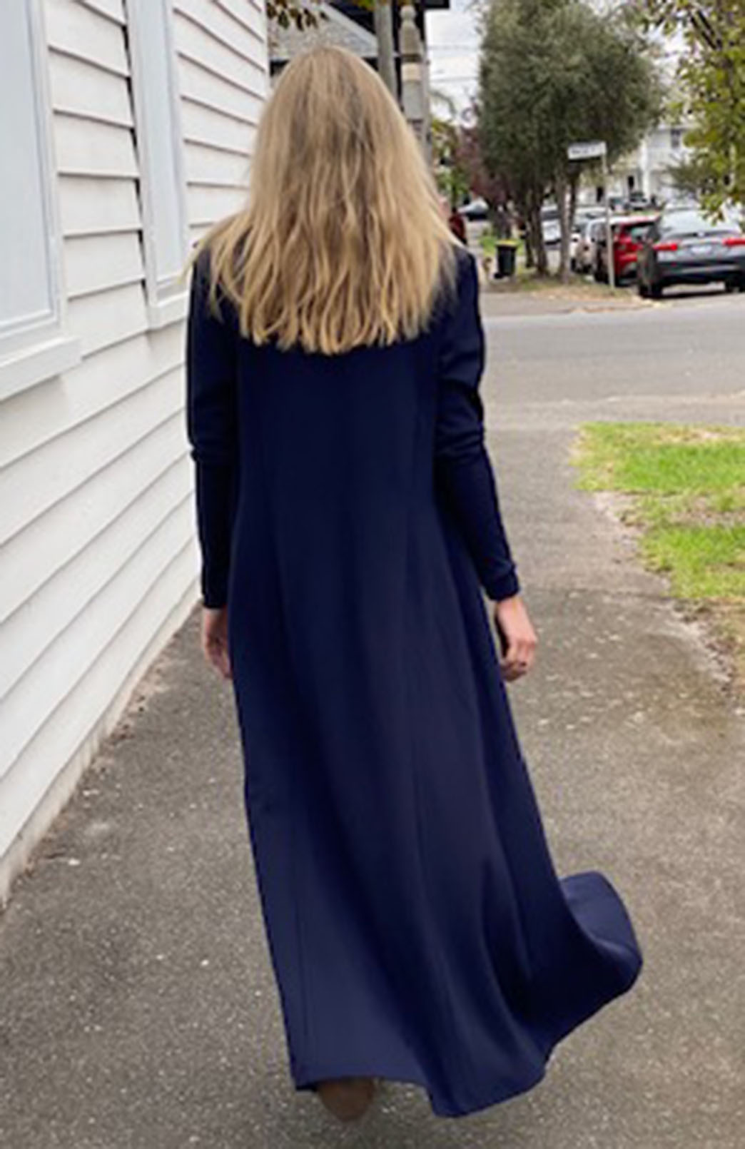 Navy Blue Women's Long Sleeve Merino Wool Maxi Shirt Dress