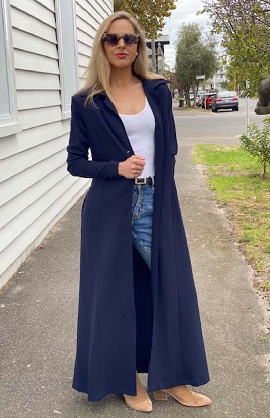 Navy Blue Women's Long Sleeve Merino Wool Maxi Shirt Dress