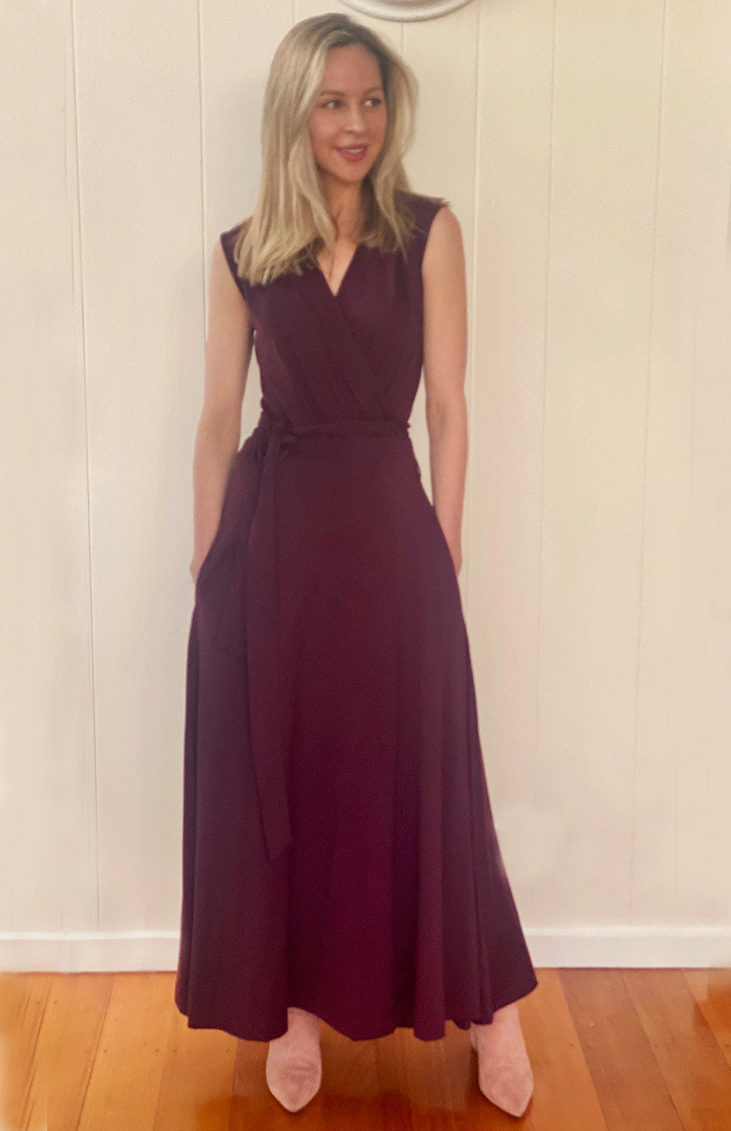 Aubergine Purple Women's Sleeveless Merino Wool Maxi Wrap Dress