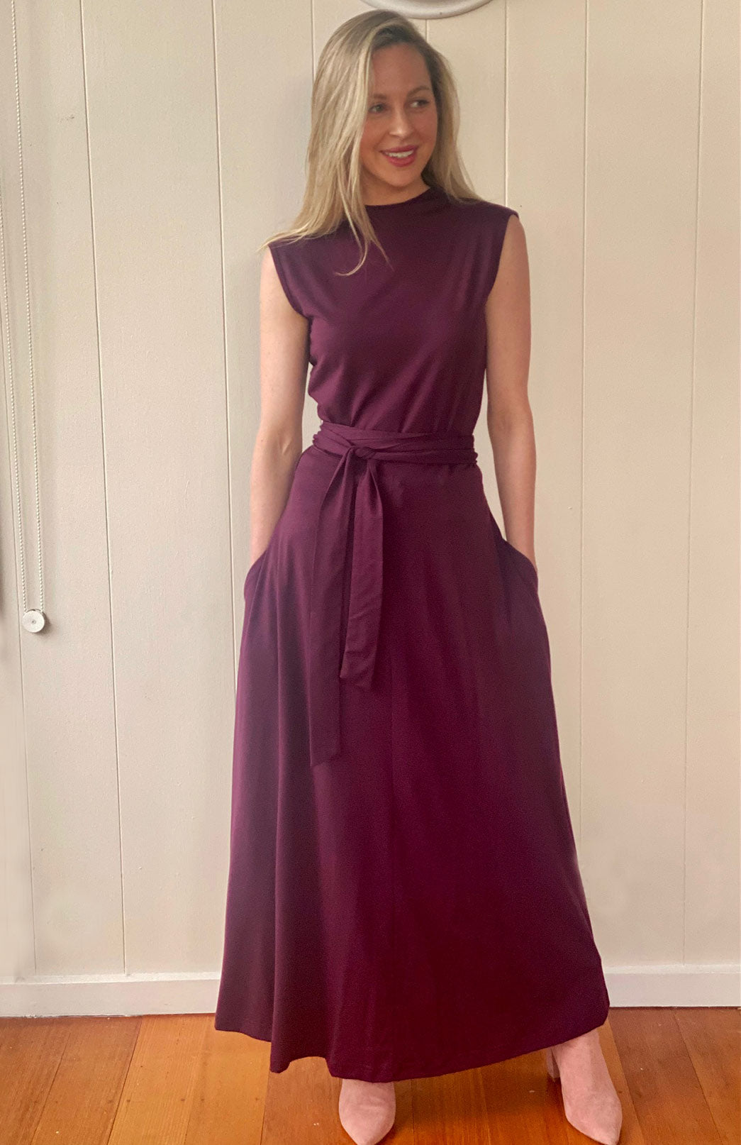 Aubergine Purple Women's Sleeveless Merino Wool Maxi Wrap Dress