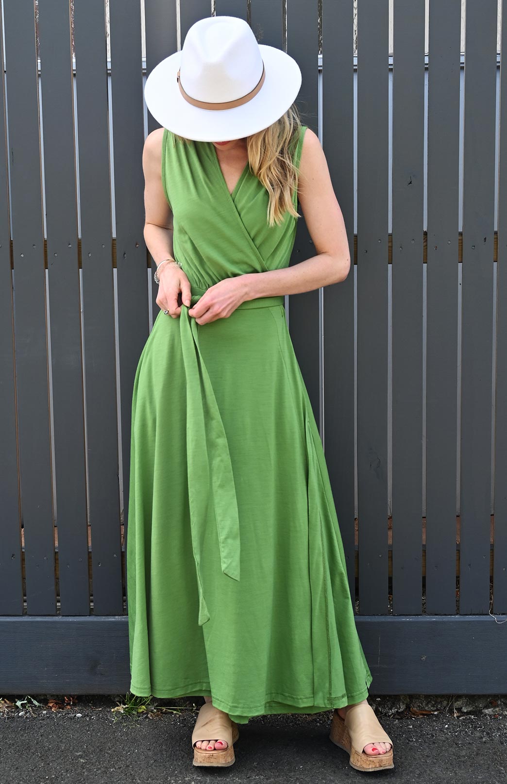 Pistachio Green Women's Sleeveless Merino Wool Maxi Wrap Dress