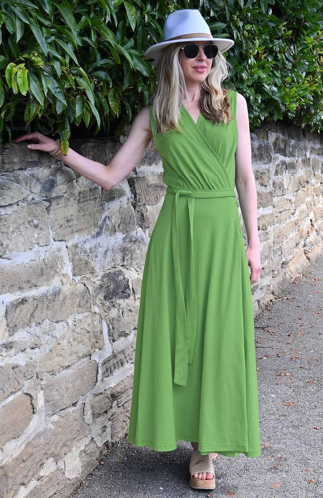 Pistachio Green Women&#39;s Sleeveless Merino Wool Maxi Wrap Dress
