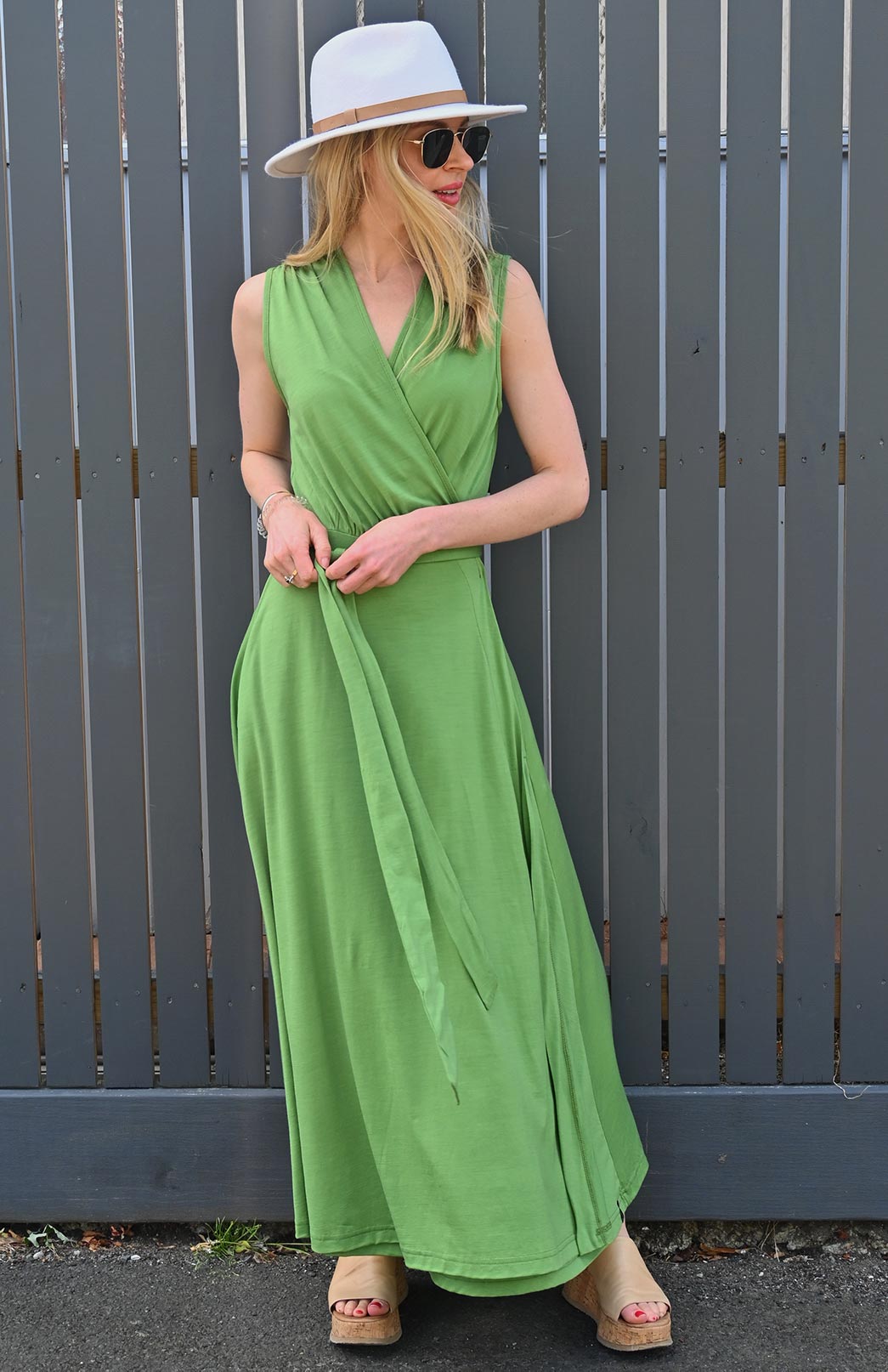 Pistachio Green Women's Sleeveless Merino Wool Maxi Wrap Dress