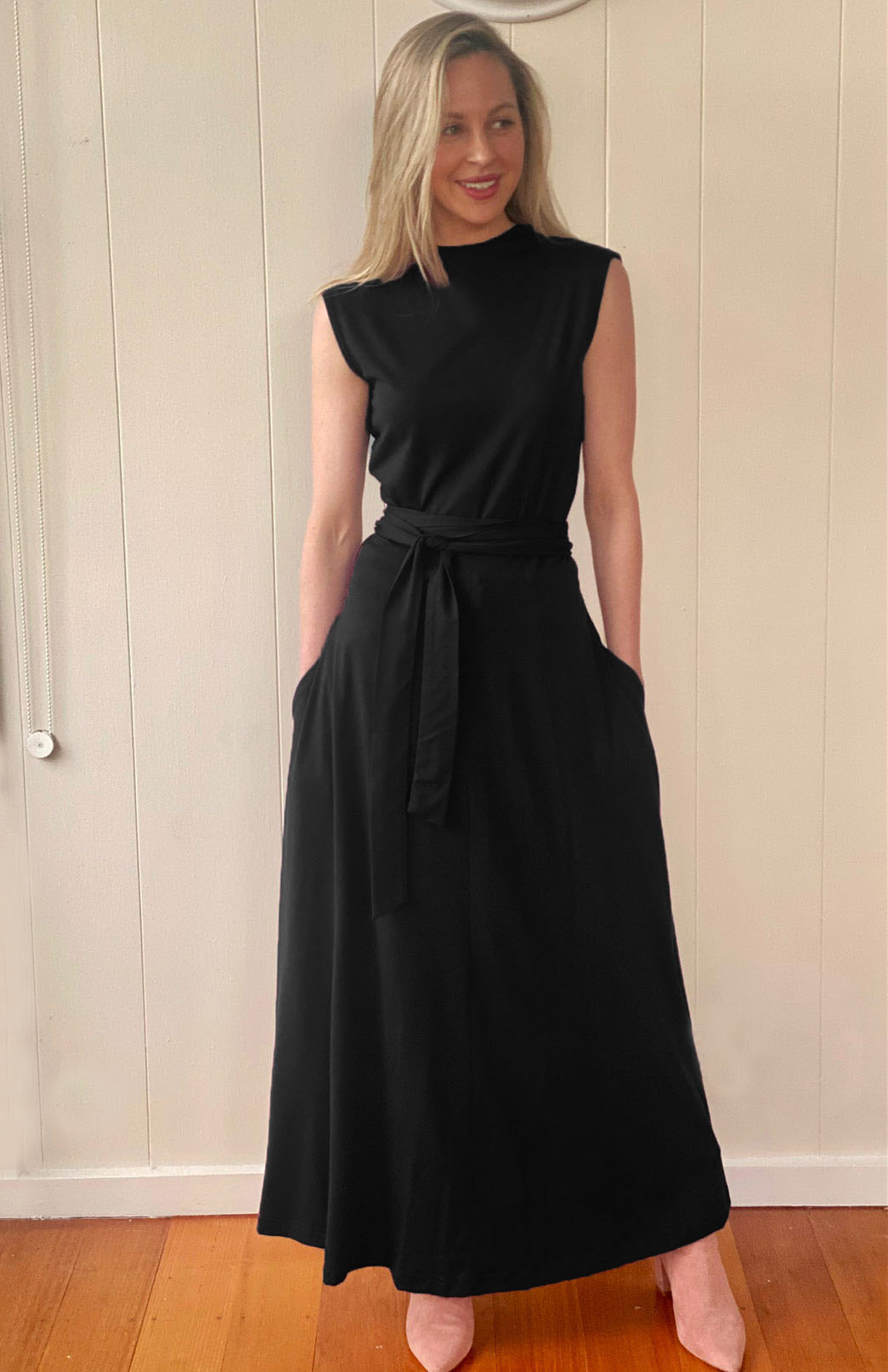 Black Women's Sleeveless Merino Wool Maxi Wrap Dress