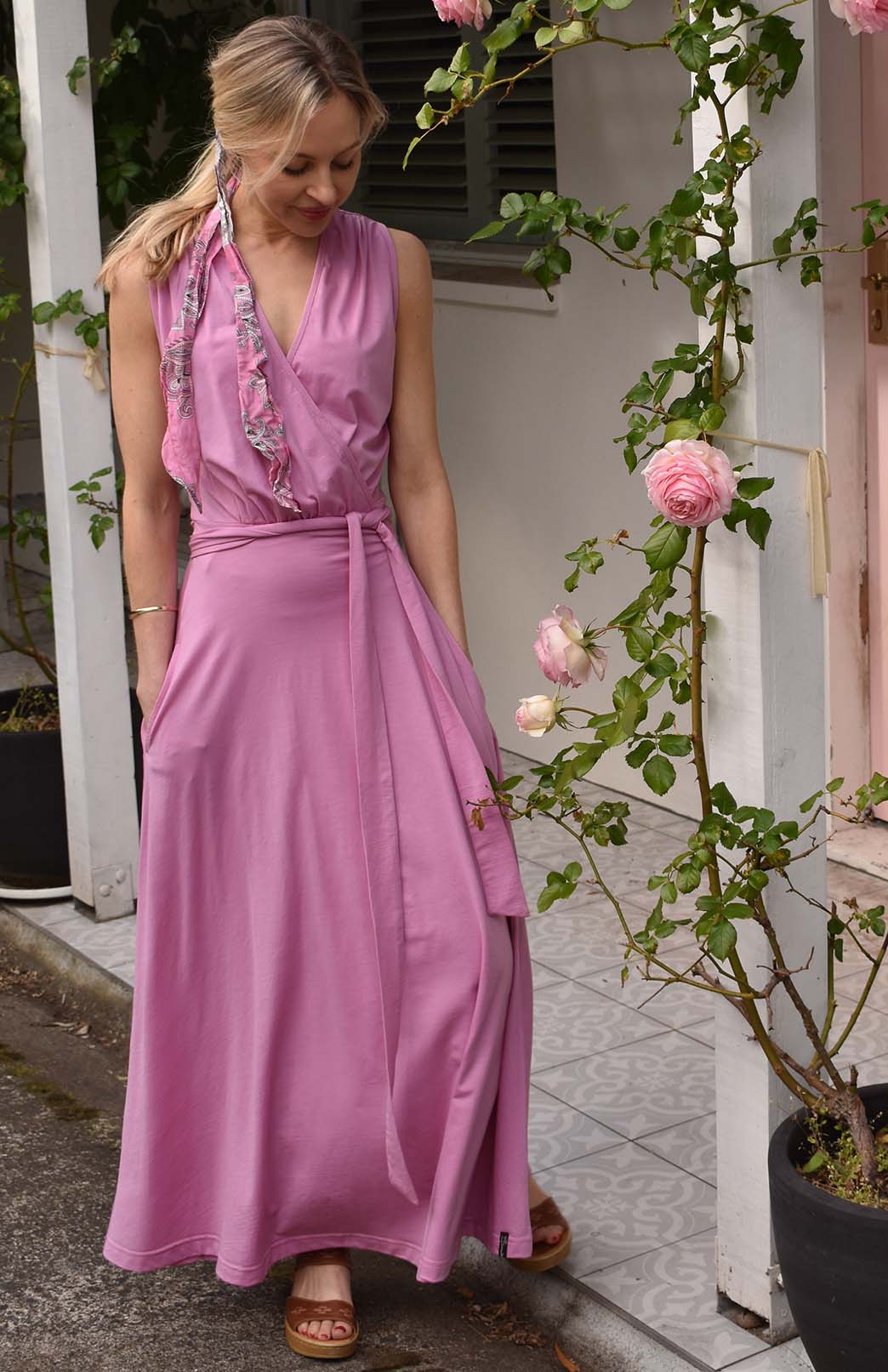 Crocus Pink Women's Sleeveless Merino Wool Maxi Wrap Dress