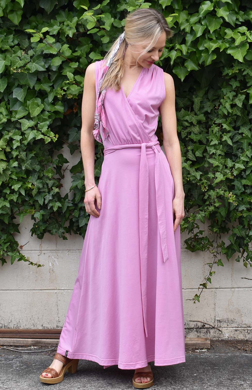 Crocus Pink Women's Sleeveless Merino Wool Maxi Wrap Dress