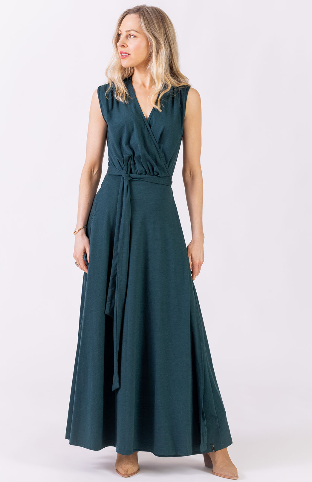 Deep Sea Green Women's Sleeveless Merino Wool Maxi Wrap Dress