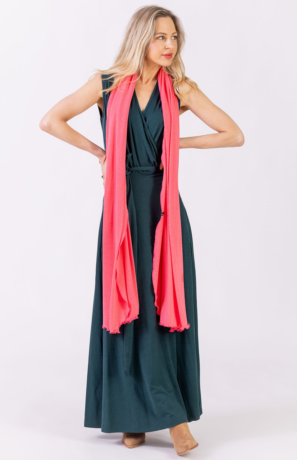 Deep Sea Green Women's Sleeveless Merino Wool Maxi Wrap Dress