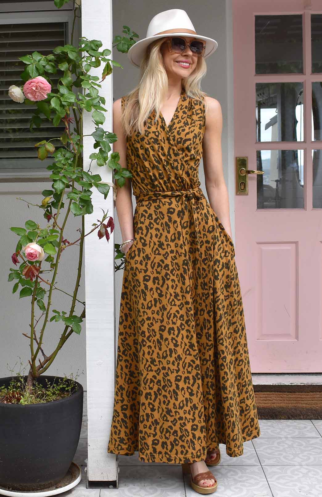 Whiskey Leopard Women's Sleeveless Merino Wool Maxi Wrap Dress