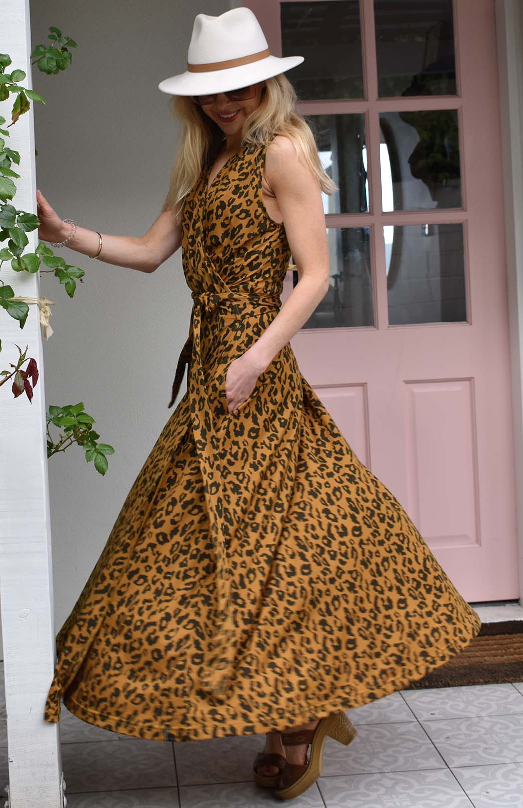 Whiskey Leopard Women's Sleeveless Merino Wool Maxi Wrap Dress