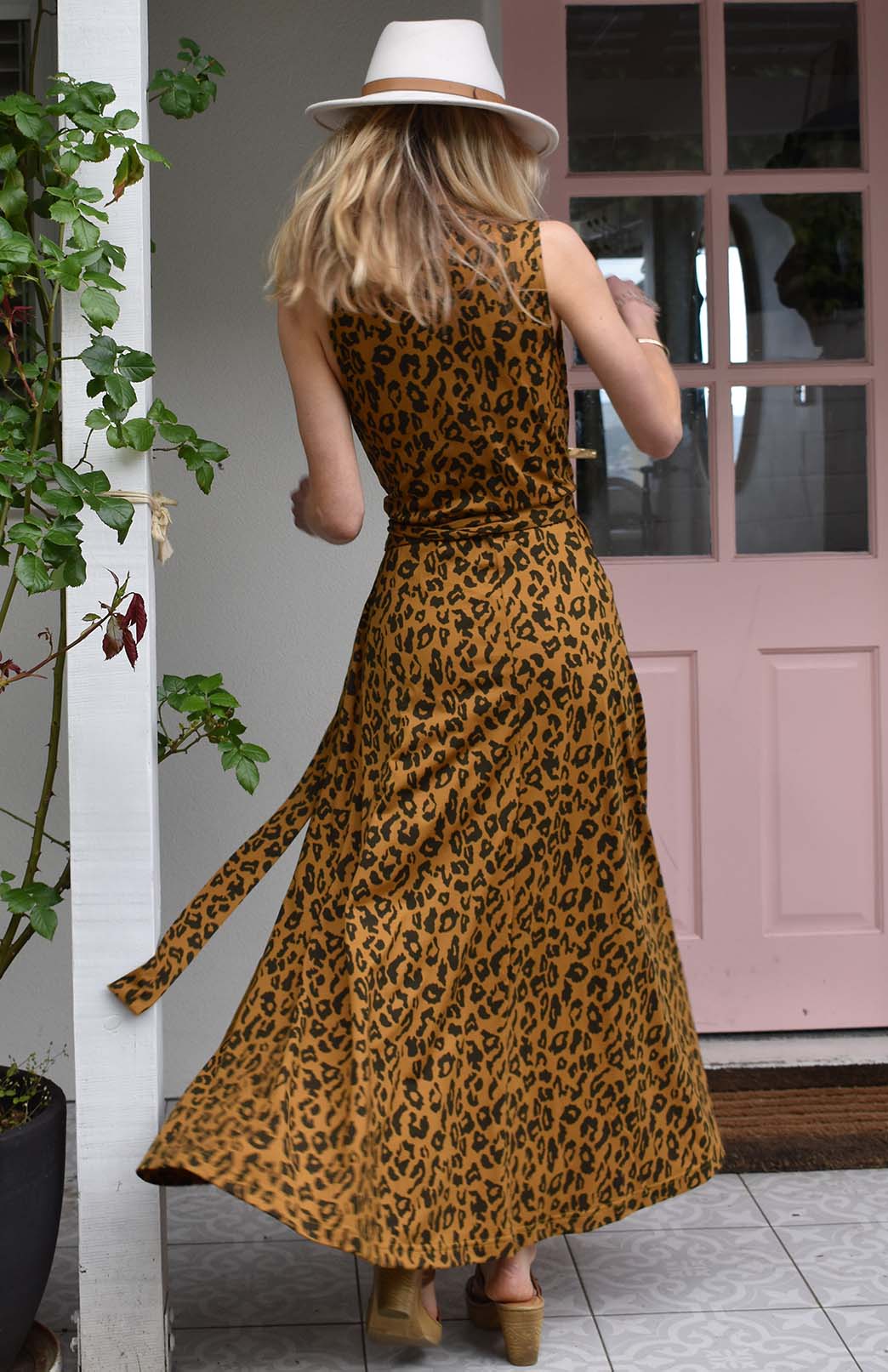 Whiskey Leopard Women's Sleeveless Merino Wool Maxi Wrap Dress