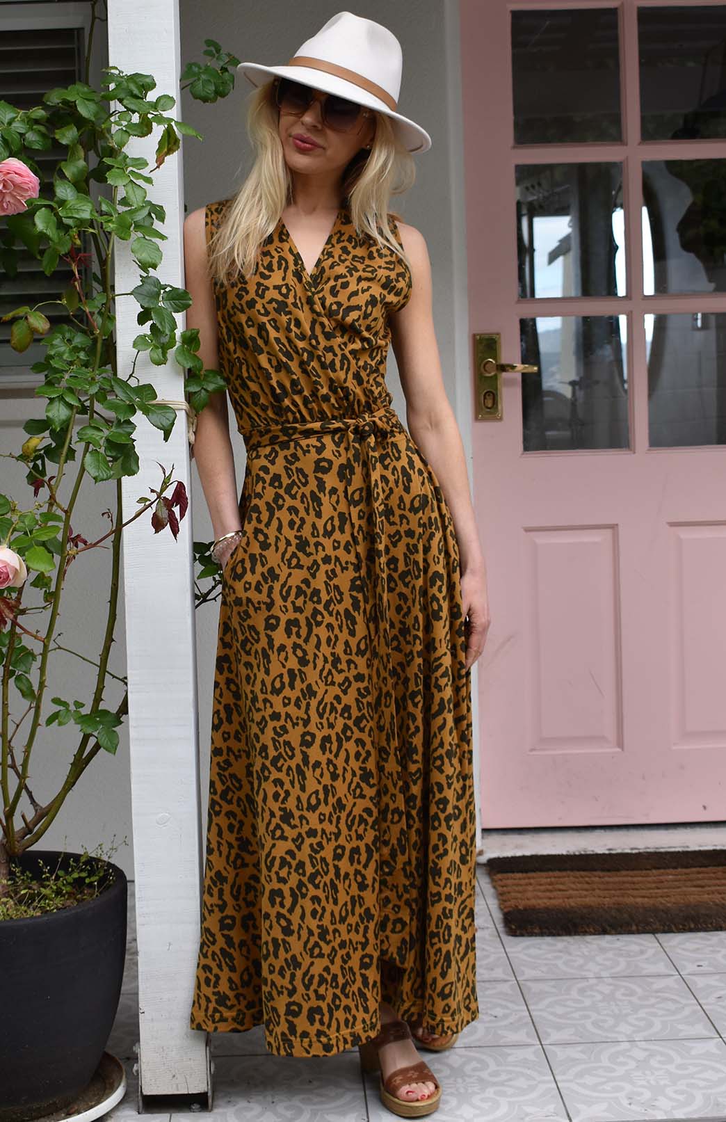 Whiskey Leopard Women's Sleeveless Merino Wool Maxi Wrap Dress