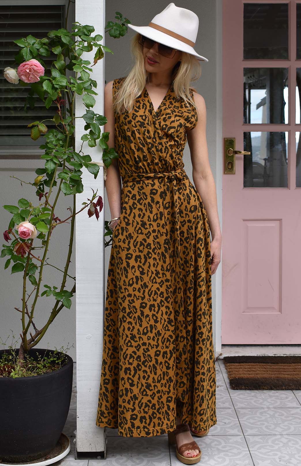 Whiskey Leopard Women's Sleeveless Merino Wool Maxi Wrap Dress