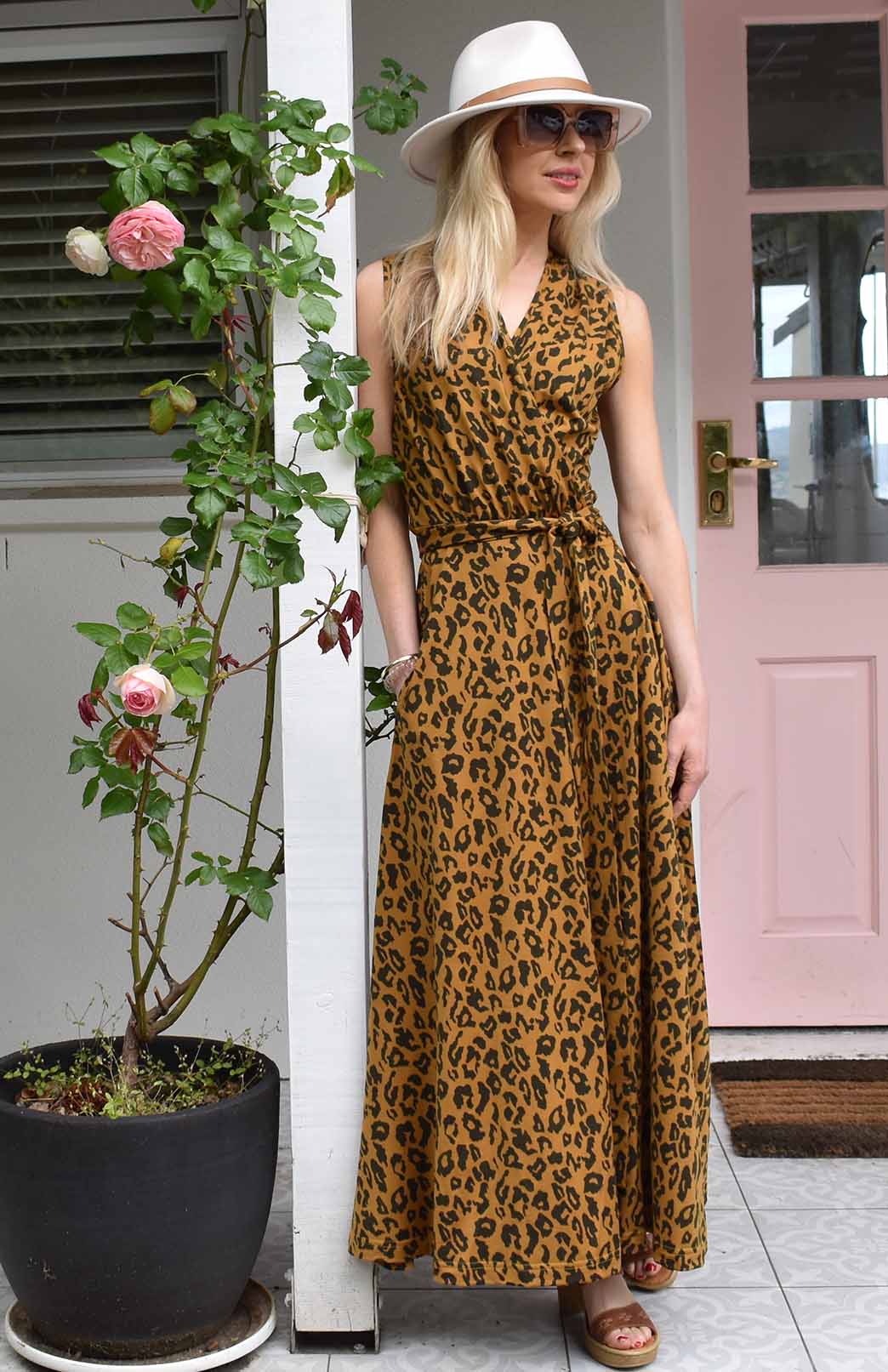 Whiskey Leopard Women's Sleeveless Merino Wool Maxi Wrap Dress