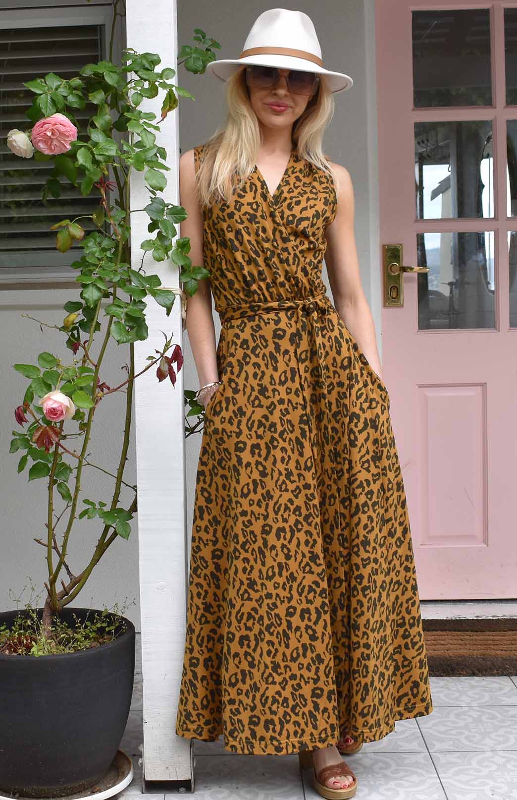 Whiskey Leopard Women's Sleeveless Merino Wool Maxi Wrap Dress