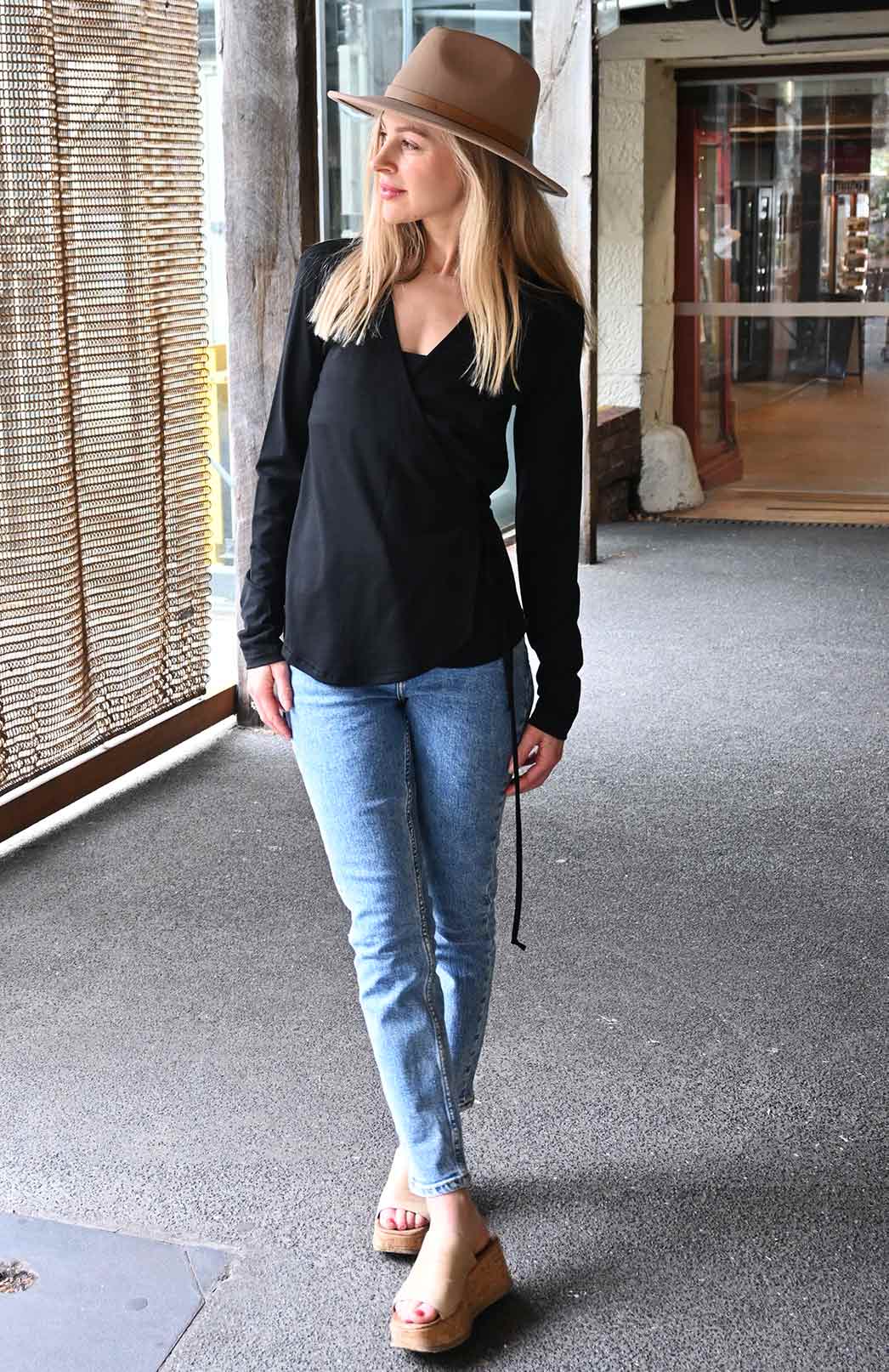 Black Women's Pure Merino Wool Wrap Top with Waist Tie