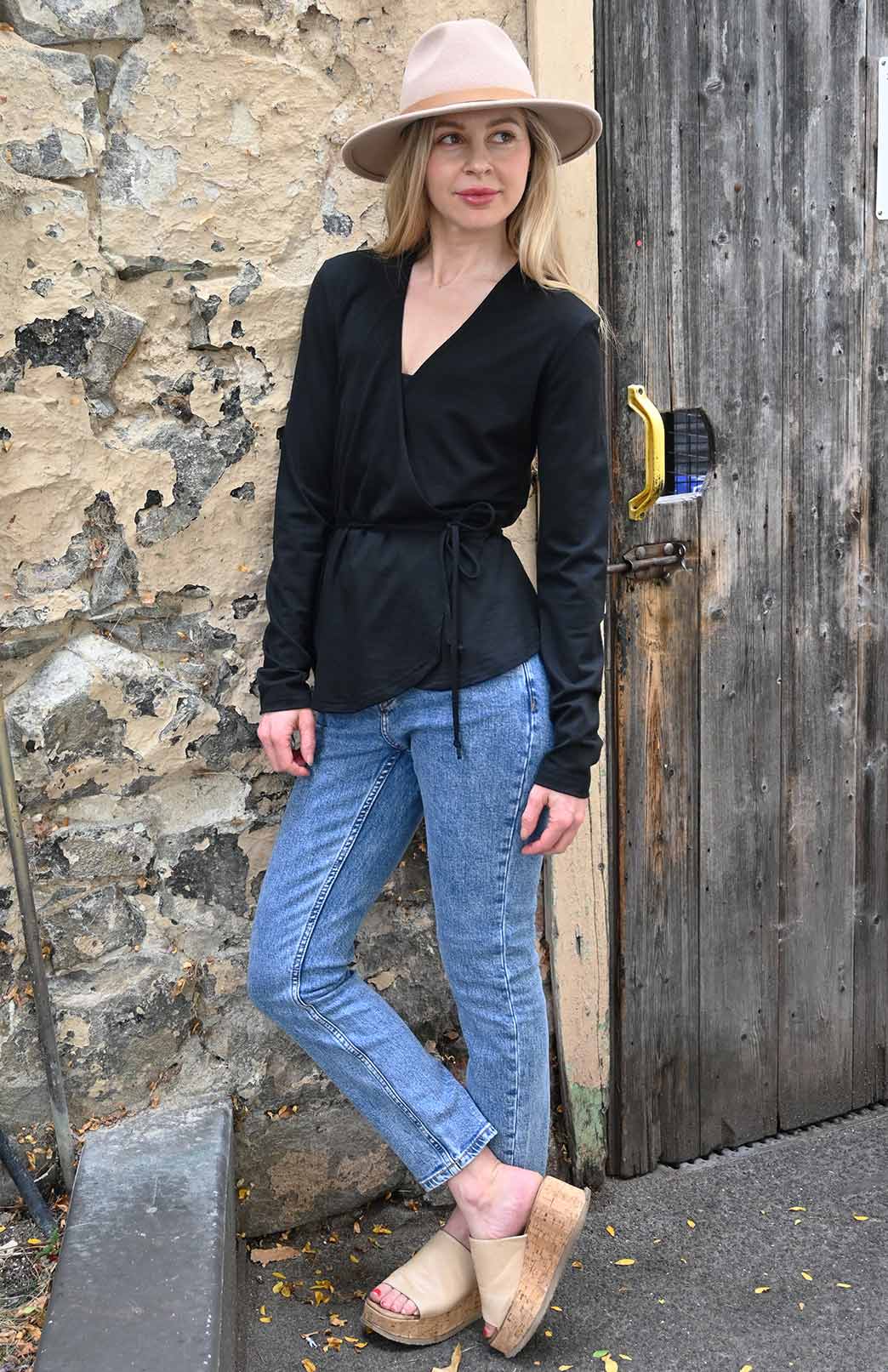 Black Women's Pure Merino Wool Wrap Top with Waist Tie