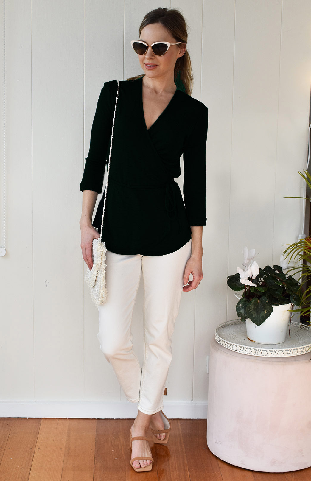 Black Women&#39;s Pure Merino Wool Wrap Top with Waist Tie
