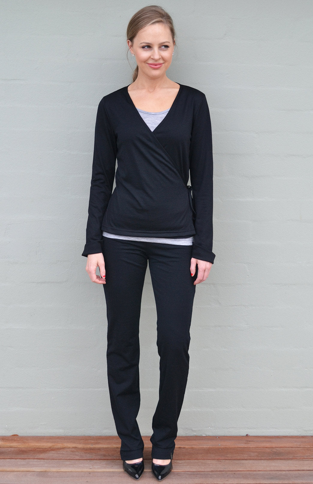 Black Women's Pure Merino Wool Wrap Top with Waist Tie