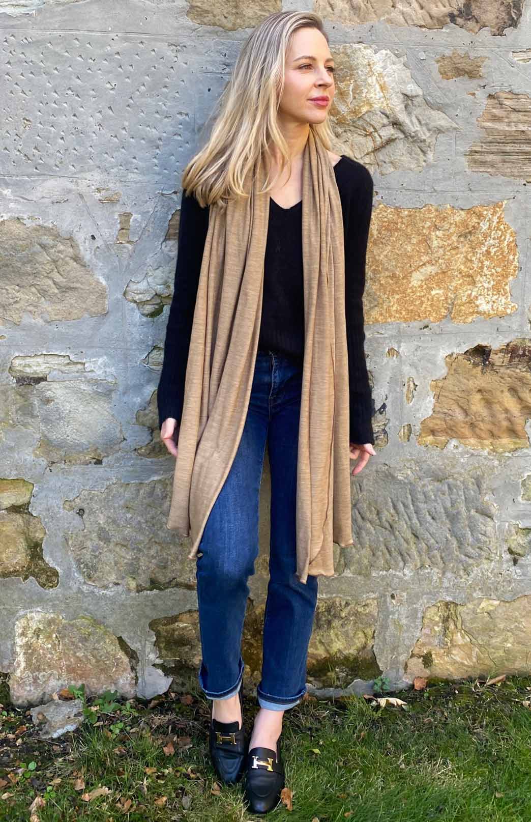 Gold Marl Unisex Merino Wool &amp; Tencel Plain Lightweight Scarf