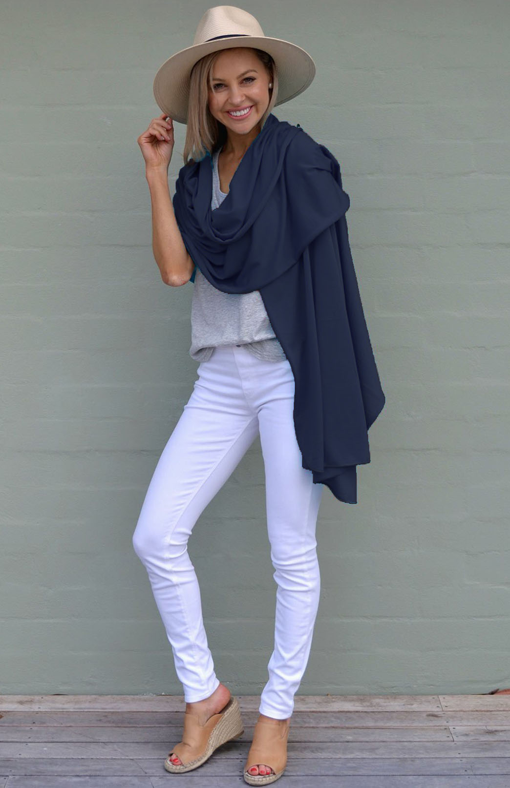 Navy Blue Women's Merino Wool Plain Scarf