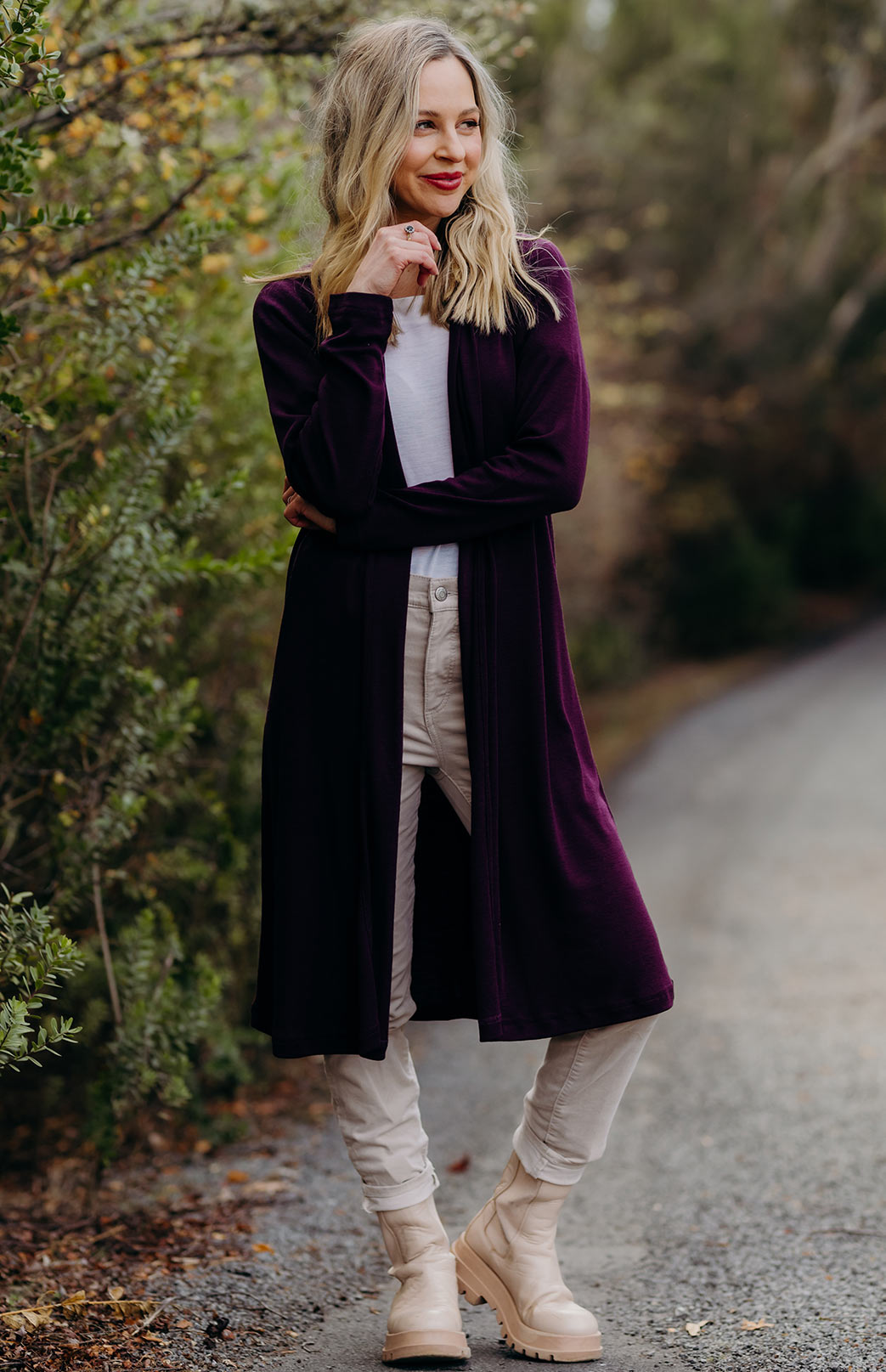 Aubergine Purple Women's Merino Wool Long Drape Cardigan