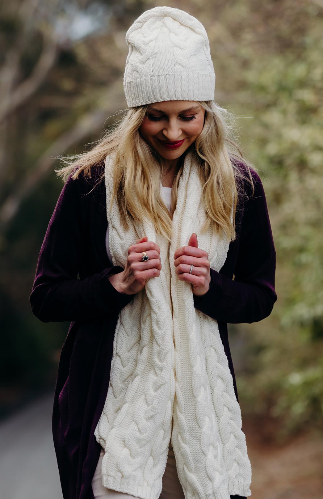 Ivory Merino Wool Cable Knit Beanie