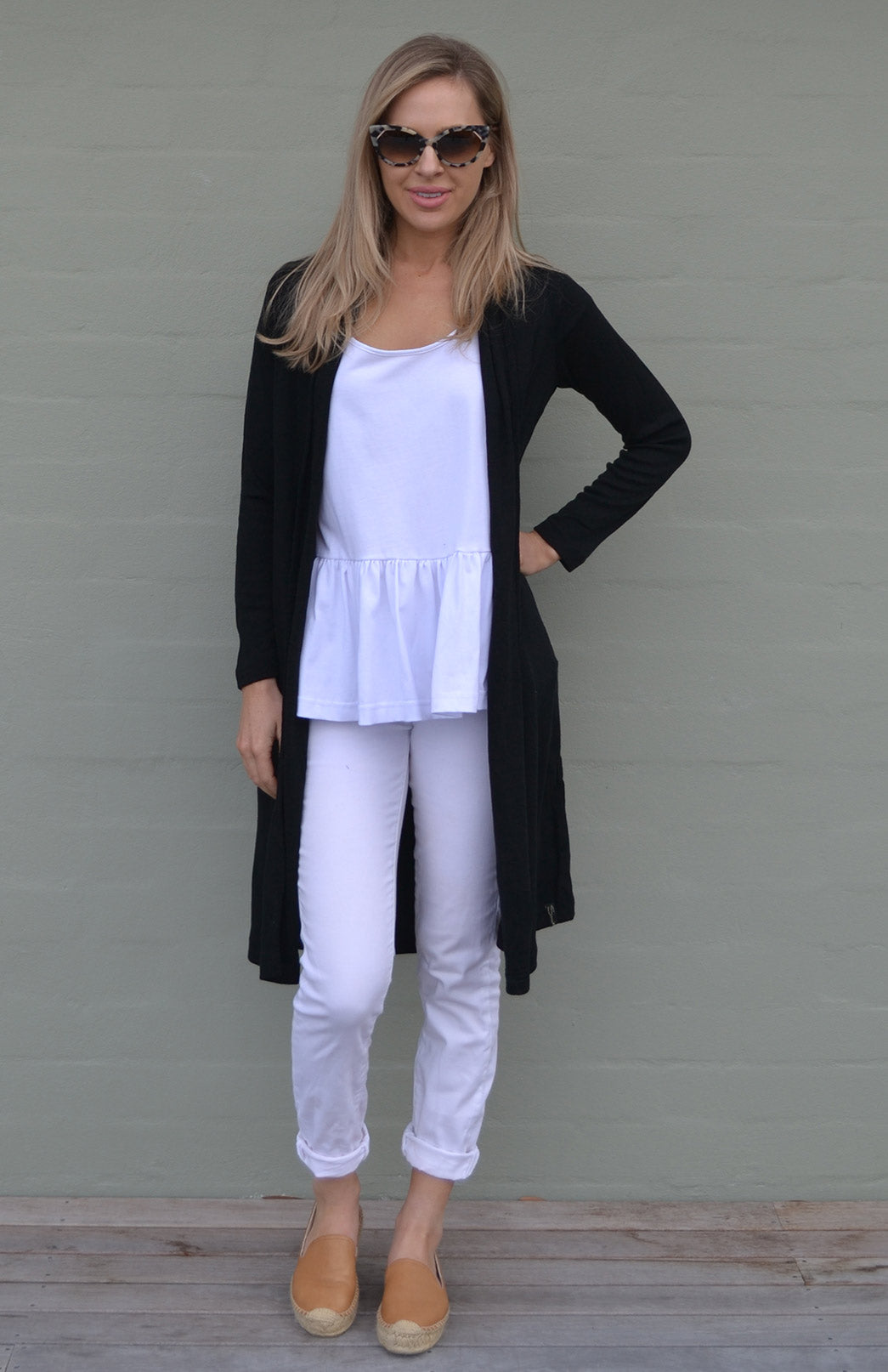 Black Women&#39;s Merino Wool Long Drape Cardigan
