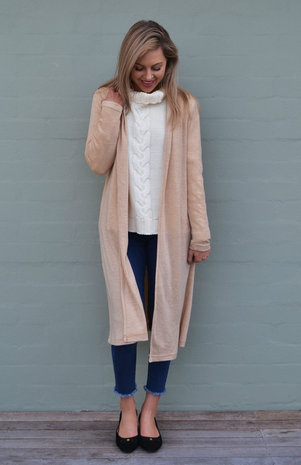 Camel Women&#39;s Merino Wool Long Drape Cardigan
